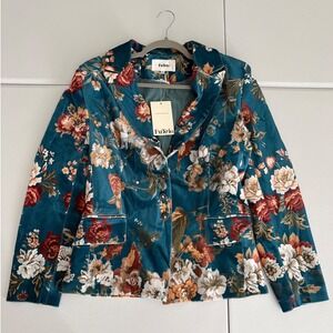 Futario Teal Floral Velvet Blazer Jacket Vintage Magnolia Style Cottagecore  a5